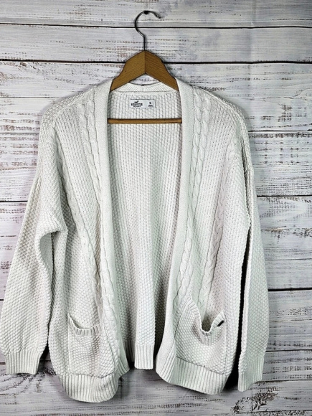 Hollister White Cable Knit Open Front Cardigan Sweater Size M